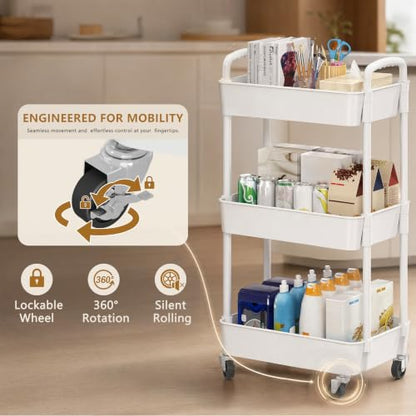 3 Tier Rolling Cart with Wheels, Utility Storage Carts,White