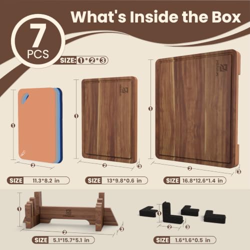 Large Acacia Wood Cutting Board Set for Kitchen with Storage Stand