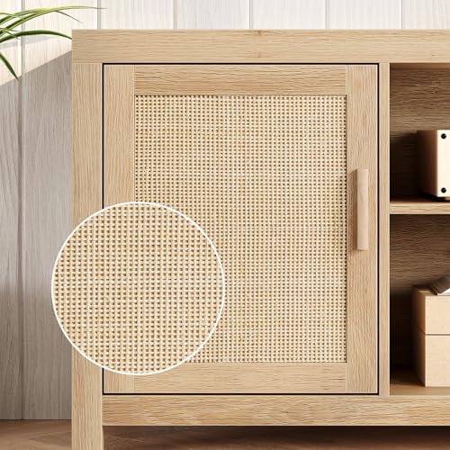 Rattan TV Stand 66In for 75 inch Natural Oak