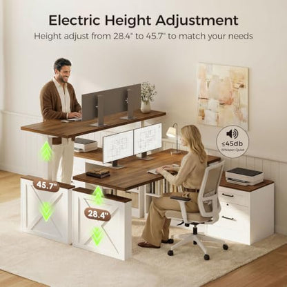 55 Inch Farmhouse L Shaped Electric Standing Desk, Walnut+White