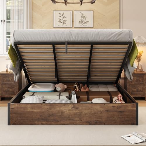 King Lift Up Storage Bed Frame, Rustic Brown