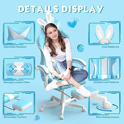 Ferghana Blue Gaming Chair with Bunny Ear, Cute Massage Gaming Chairs for Adults & Teens, Office PC Gamer Chair with Footrest, Kawaii Computer Game Chair for Girls, Racing Reclining Silla Gamer