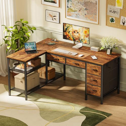 47 Inch L Shaped Desk with Power Outlets, 5 Fabric Drawers