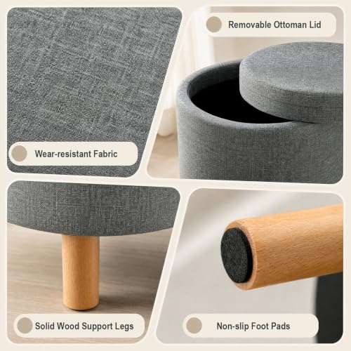 Round Storage Ottoman with Tray, Accent Storage Footstool, Gray