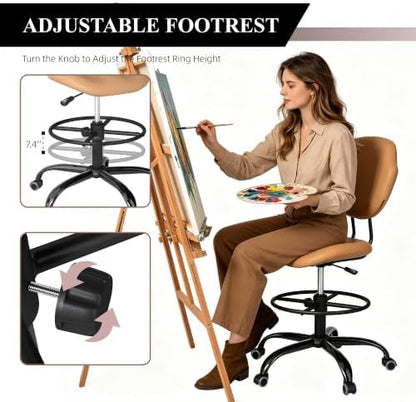 Drafting Chair with Back Support, Tall Desk Rolling Stool (Khaki, Set of 1)