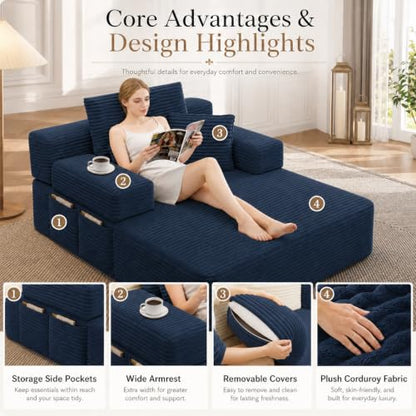 Oversized Chaise Lounge Chair Indoor,Corduroy Upholster Boneless Sofa Bed