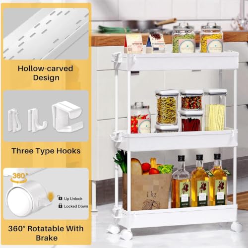 Slim Rolling Storage Cart, 3 Tier Bathroom Cart Organizer,White