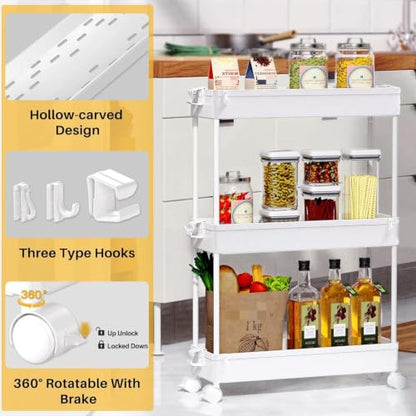 Slim Rolling Storage Cart, 3 Tier Bathroom Cart Organizer,White