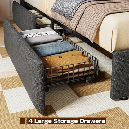 King Size Bed Frame with 4 Storage Drawers and LED Headboard