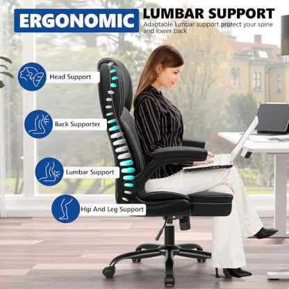 PU Leather Office Chair Desk Chair with Flip-up Armrests, Black