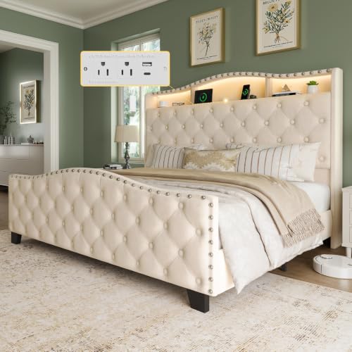 Platform Bed Frame with 50.9" LED Headboard, Queen Beige