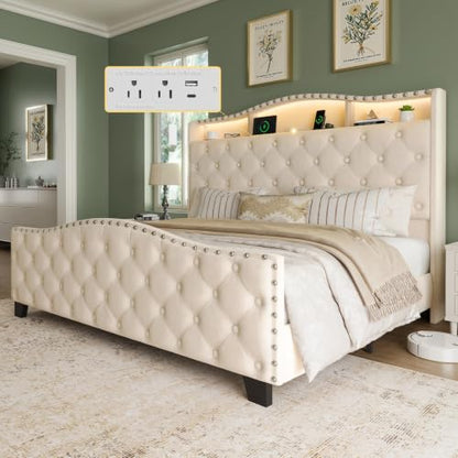 Platform Bed Frame with 50.9" LED Headboard, Queen Beige