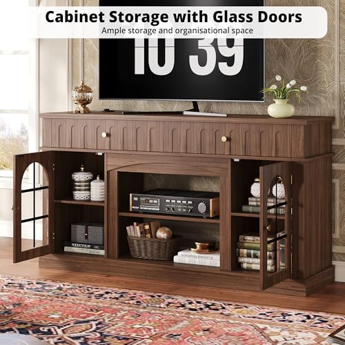 TV Stand for 65 Inch TV with Charging Station, Walnut Brown
