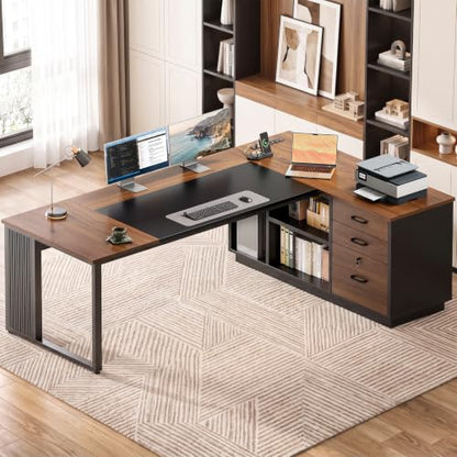 Executive 71 Inch L Shaped Desk with File Cabinet, Walnut+Black