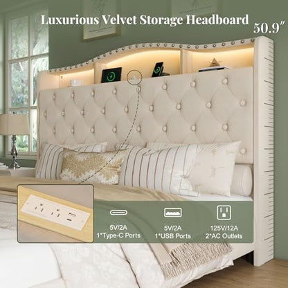 Platform Bed Frame with 50.9" LED Headboard, Queen Beige