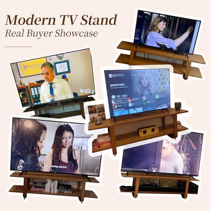 Walnut TV Stand for 65-Inch TVs, 2 Open Shelves, Modern Media Console