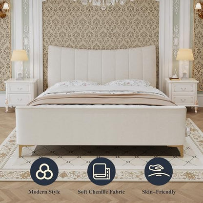 Queen Size Platform Bed Frame, Beige