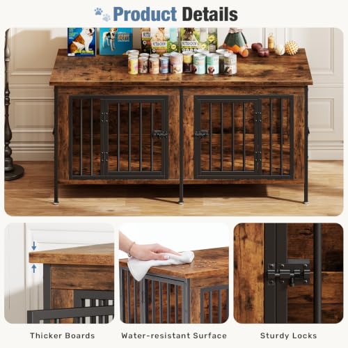 54" Dog Crate Furniture for 2 Dogs with Divider, Rustic Brown