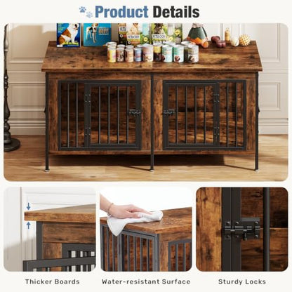 54" Dog Crate Furniture for 2 Dogs with Divider, Rustic Brown