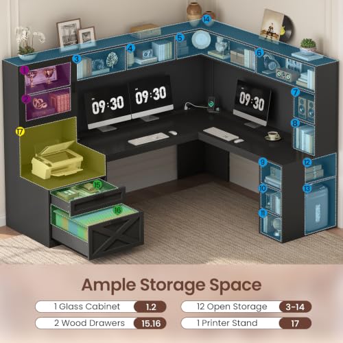 68" Farmhouse L Shaped Computer Desk with Hutch, Storage Drawers