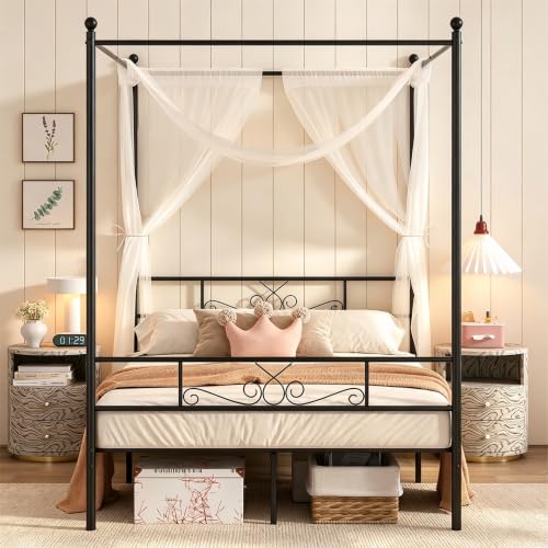 Full Metal Canopy Platform Bed Frame with Headboard, Black