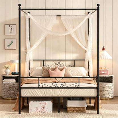 Full Metal Canopy Platform Bed Frame with Headboard, Black