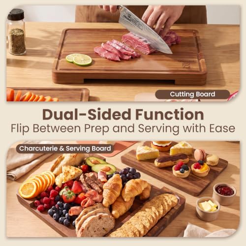 Large Acacia Wood Cutting Board Set for Kitchen with Storage Stand