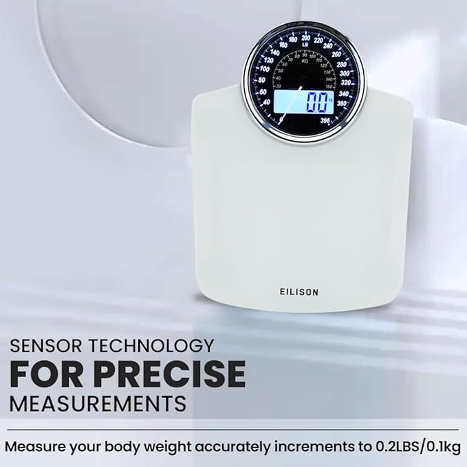 EILISON Highly Advance 2-in-1 Digital & Analog Weighing Scale for Body Weight-400lbs, 4 High Precison GX Sensor Accurate, Thick Tempered Glass, Extra Large Display (White)