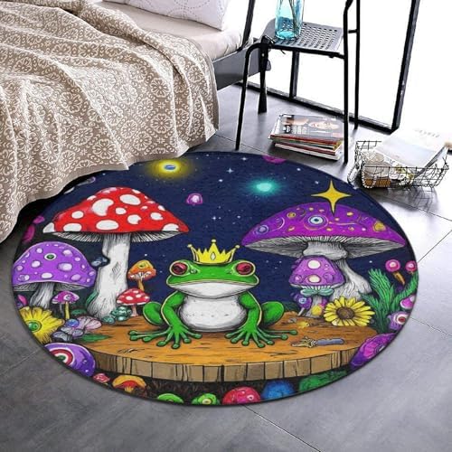 Highly Premium Quality Floor Mat, Office Chair Decor Mat, Room Sofa Yoga Soft Round Carpet Magic Mushrooms Frog Trippy Art, 36inch