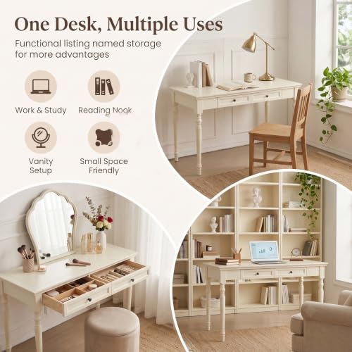 47” Solid Wood Writing Desk with Drawers, White