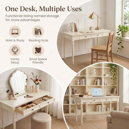 47” Solid Wood Writing Desk with Drawers, White