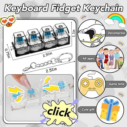2 PCS Clear & Black Keyboard Fidget Toy, Keyboard Fidget Keychain 4-in-1 Keyboard Decompression Button Finger Clicker Toys, Button Stress Relief Fidget Gifts to Relief Stress (General)
