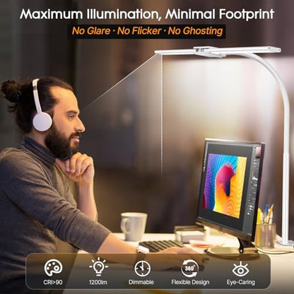 Syrinx LED Desk Lamp, Double Head Gooseneck Desk Lamps for Home Office with Gesture Switch & Wired Control, 12W Bright Modern Desk Light Eye-Caring Office Desk Lamp with Clamp for Crafting Reading