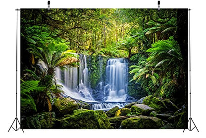 BELECO 17x10ft Fabric Jungel Forest Waterfall Photography Backdrop Tropical Rainforest Cascade Green Trees Landscape Background Walking Travel Outdoor Camping Activity Photo Shoot Studio Props - size: 17x10FT