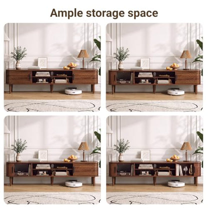 70" TV Stand with Rolling Doors and Storage, Mid-Century, Walnut