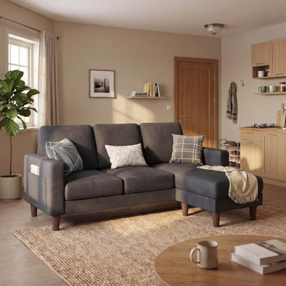 72" L Shaped Sofa Couches for Small Spaces, Apartment Charcoal Gray