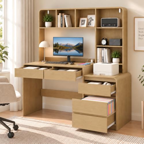 55.1" Computer Desk with Hutch & 4 Storage Drawers