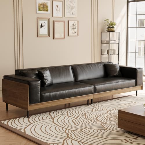 106.3" Mid-Century Modern Leather Sofa Couch with Wood Frame