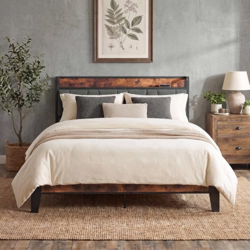 Queen Size Bed Frame with Storage Headboard and Charging Station