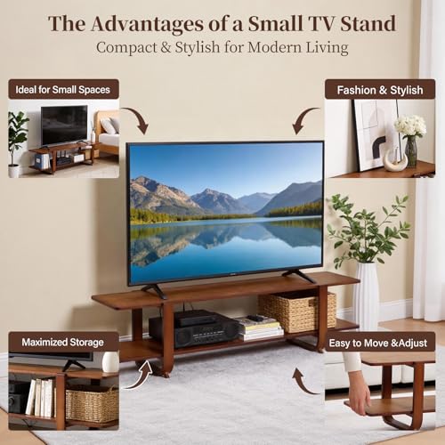 Walnut TV Stand for 65-Inch TVs, 2 Open Shelves, Modern Media Console