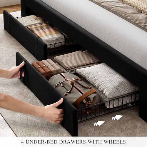 Queen Size Bed Frame with Adjustable Headboard, Black