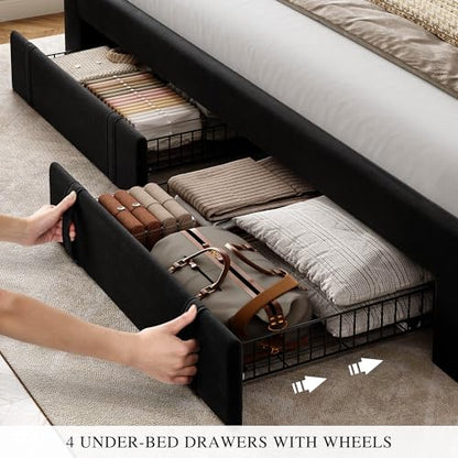 Queen Size Bed Frame with Adjustable Headboard, Black