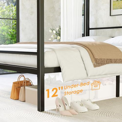 Canopy Bed Frame Queen, Four Poster Metal Frame, Black