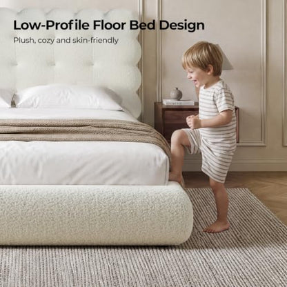 Upholstered Cloud Bed Frame Queen with Tufted Wave Headboard,Beige