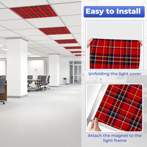 4 Pcs Fluorescent Light Covers for Ceiling Lights check plaid blue red yellow Magnetic Light Filters Decorative for Classroom Office Hospital Home 4x2 Ft