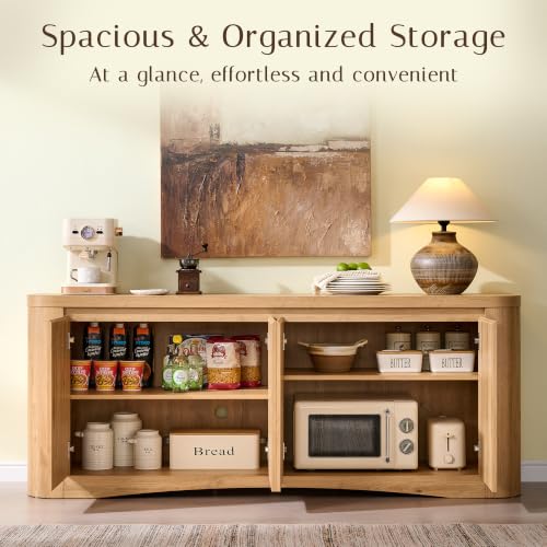 Modern Curved 70" Buffet Cabinet with 4 Storage Doors, Natural