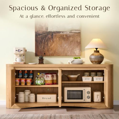 Modern Curved 70" Buffet Cabinet with 4 Storage Doors, Natural