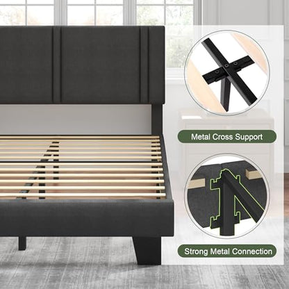 Queen Platform Bed Frame, Fabric Upholstered Queen Bed Frame, Solid Wood Slats & Heavy Duty Feet Support, No Box Spring Needed, Noise-Free, Easy Assembly, Dark Grey