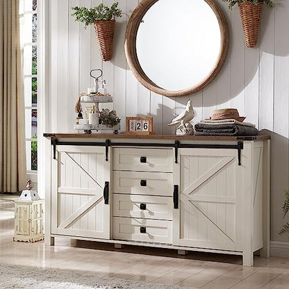 60" Wide Farmhouse Sideboard Buffet Cabinet, Antique White