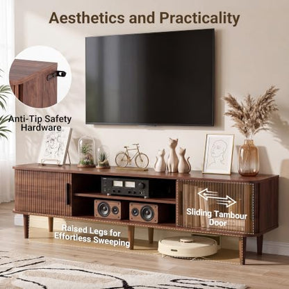 70" TV Stand with Rolling Doors and Storage, Mid-Century, Walnut